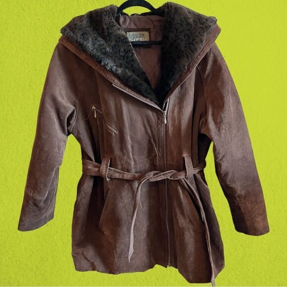 90s vintage brown suede leather coat faux fur hood - Picture 1 of 7